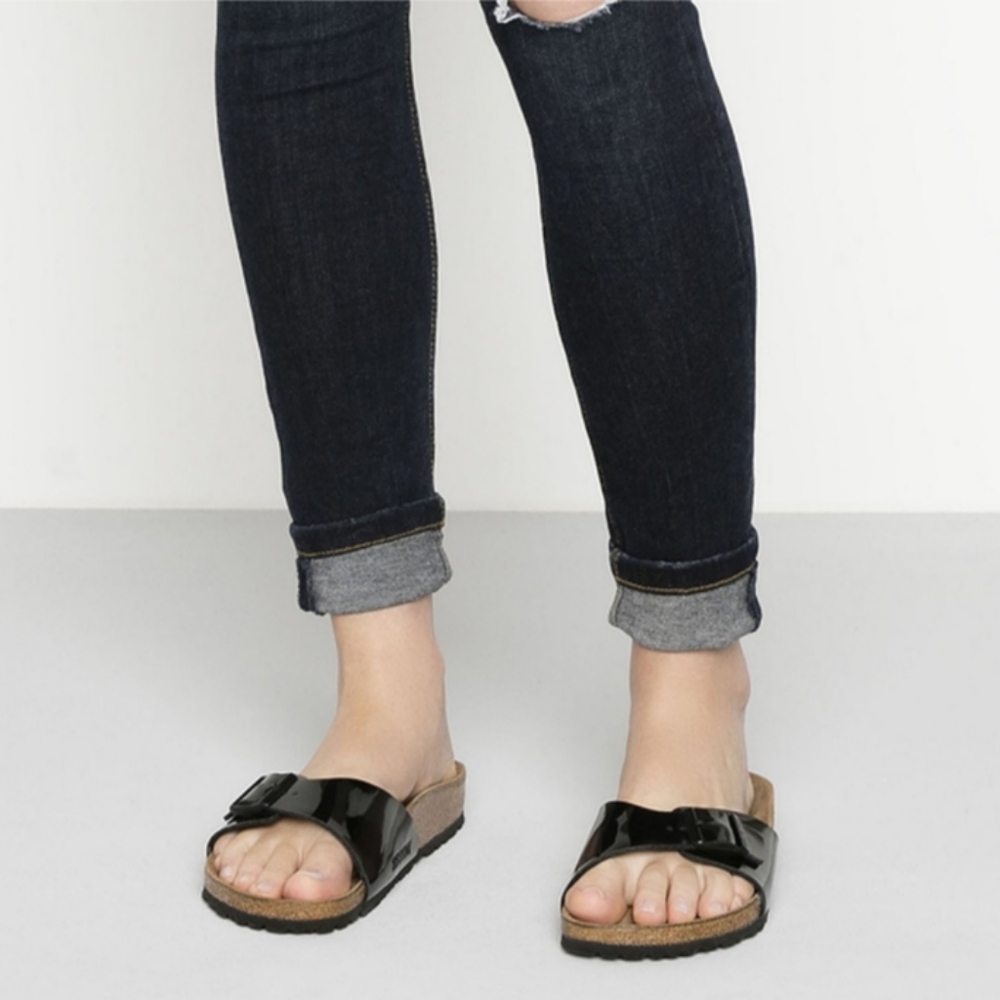 Birkenstock Madrid Birko-Flor Black Patent Cork Sandal Size 5